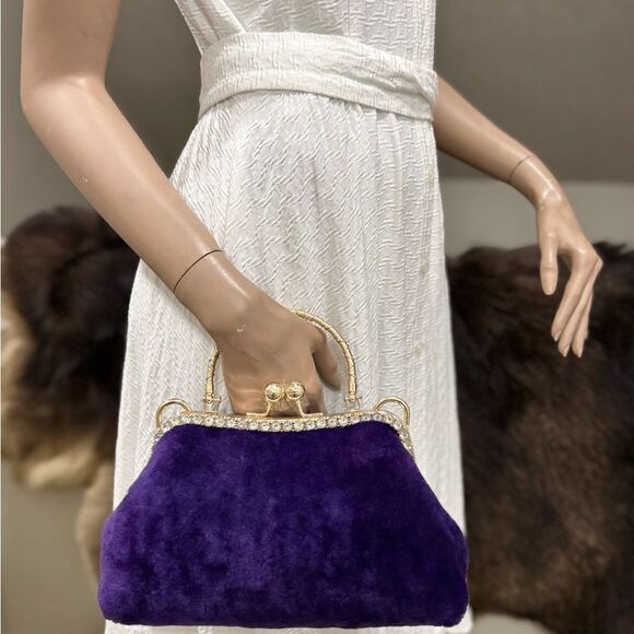 Purple Handmade Genuine Shearling Kisslock Top Handle bag/Shoulder Bag/Crossbody - Picture 3 of 16